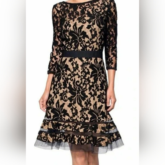 Tadashi Black over Tan Nude Lace Crochet Sheer Ruffle Formal Semi sz 10 Medium